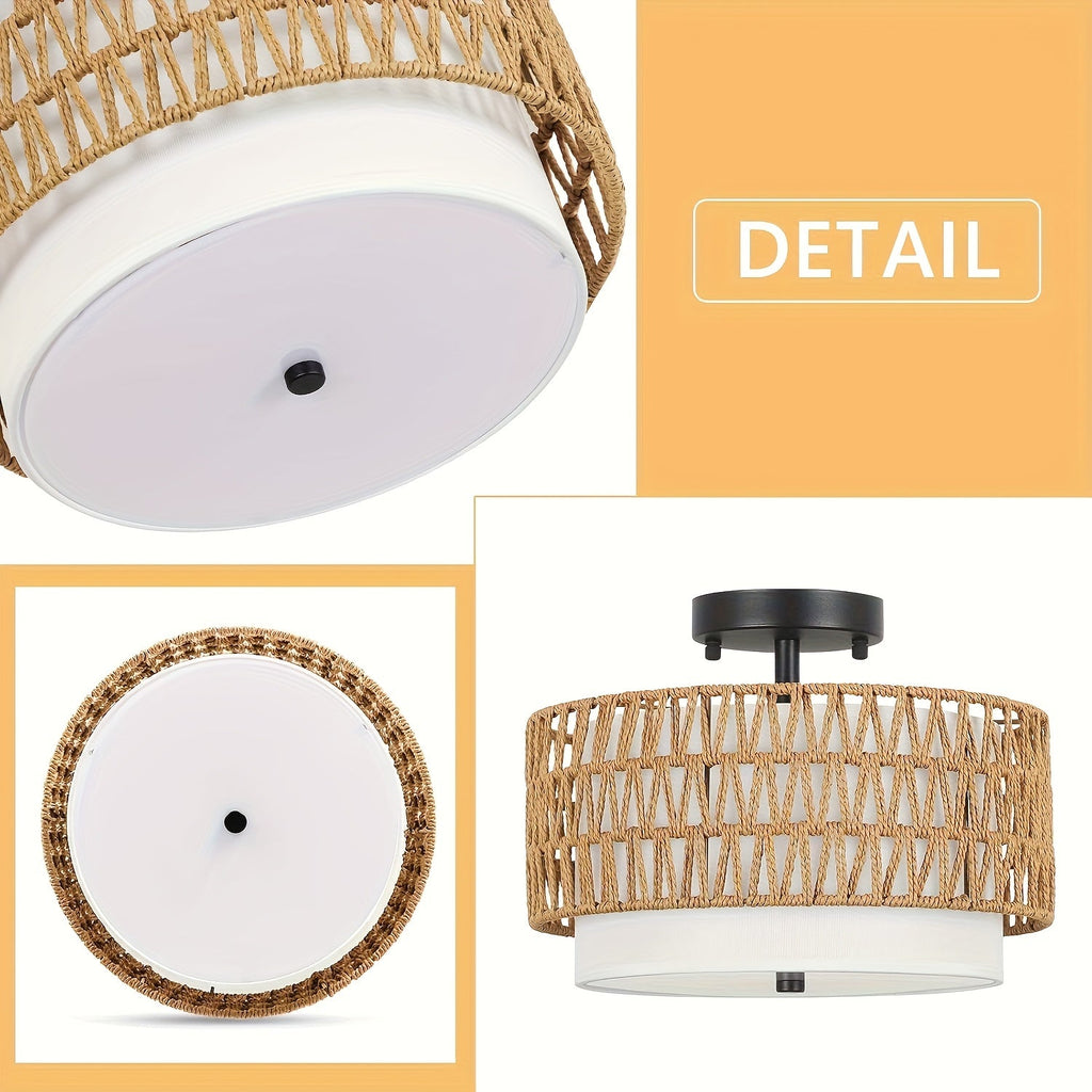 Rattan-Deckenleuchte mit Leinen