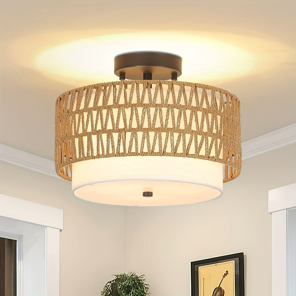 Rattan-Deckenleuchte mit Leinen