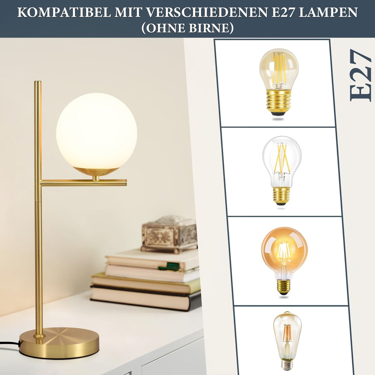 Goldene Tischlampe mit Glaskugel